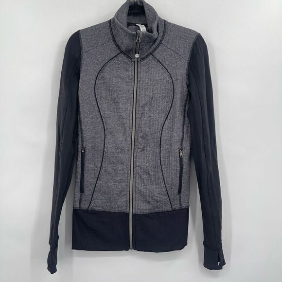 Lululemon Gray Black Herring Bone Mock Neck Zip-Up Track Jacket Size 8 - Picture 1 of 6